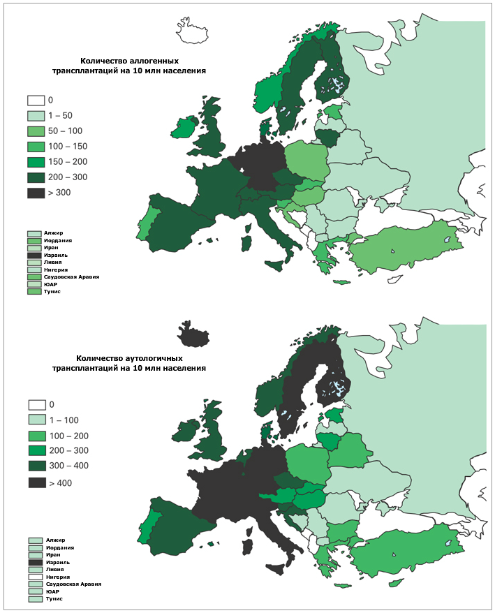 Распределение стран Европы по количеству трансплантаций в 2011 году.